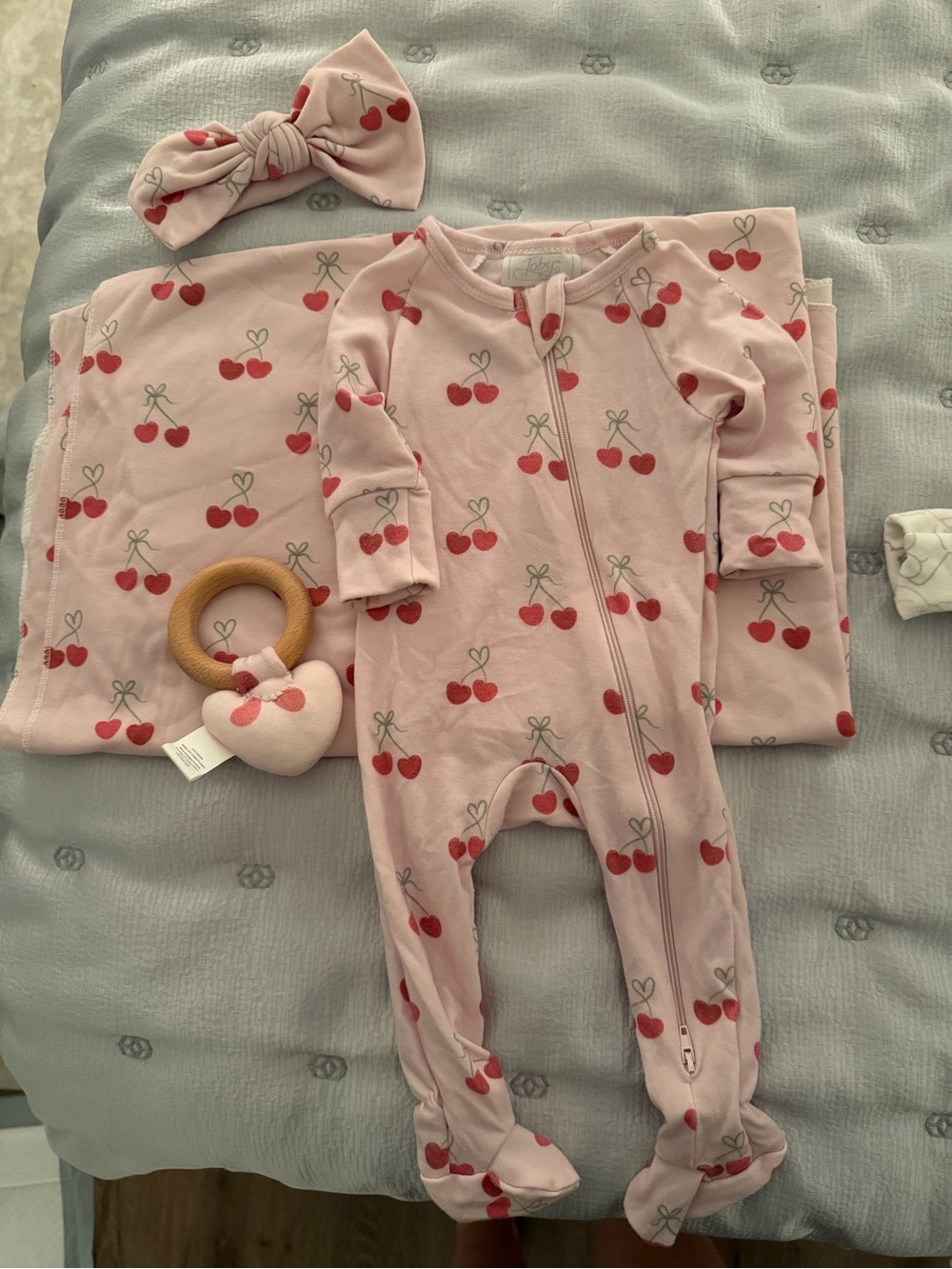 TOBY Baby Girls Pink Cherry Print One-Piece Sleeper with Matching Headband